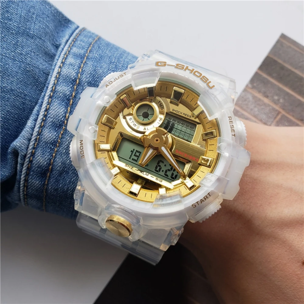 Digital Sports Men\'s Electronic Watch Full Function LED Automatic Hand Lift Light World Time Gold Transparent 700 Oak Series