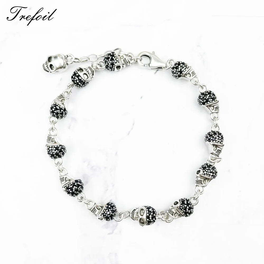 Bracelet Link Chain Skulls Pave with Black Zirconia Pure 925 Sterling Silver Punk Fine Jewelry Rebel Street Gift for Women Men