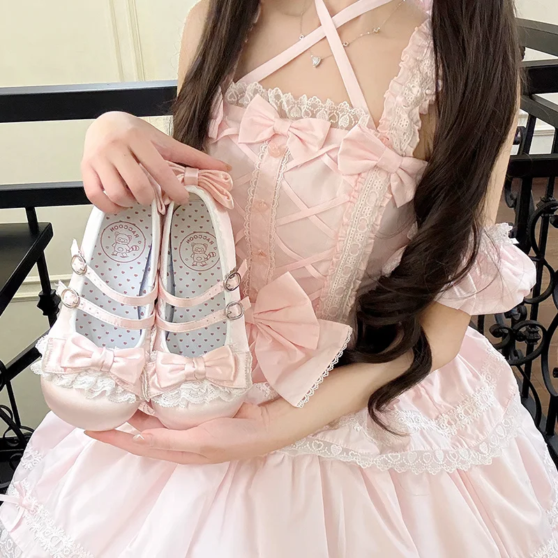 Redondo frey salto médio cetim bonito japonês cabeça redonda sapatos japonês doce menina chá festa lolita sapatos