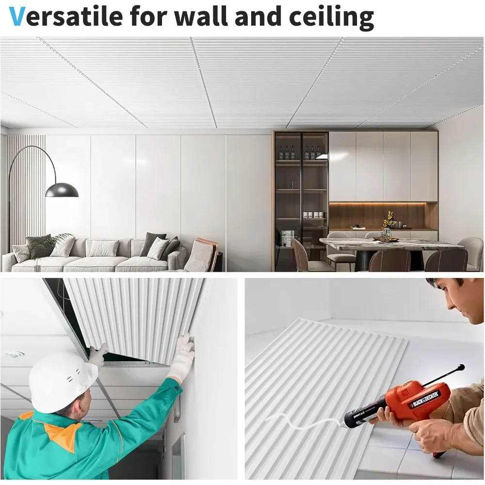 12パック スラットデザイン 3Dウォールパネル インテリア壁装飾用、2x4フィート PVC装飾ドロップ天井タイル - ホワイト