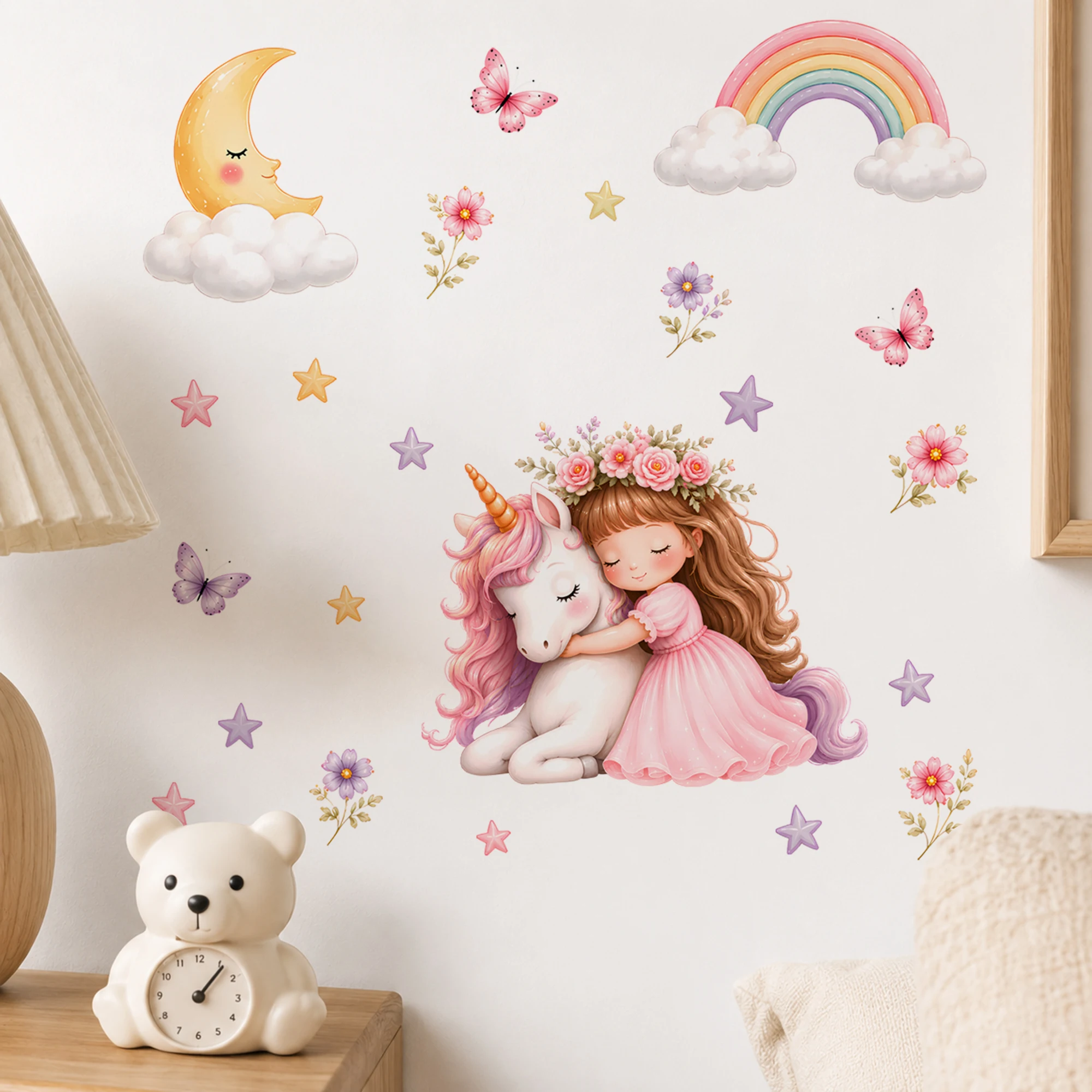 Girl & Unicorn Wall Decal - Peel and Stick Removable Watercolor Sticker Stars & Butterflies, Pastel Decor for Baby Girl Nursery view 4