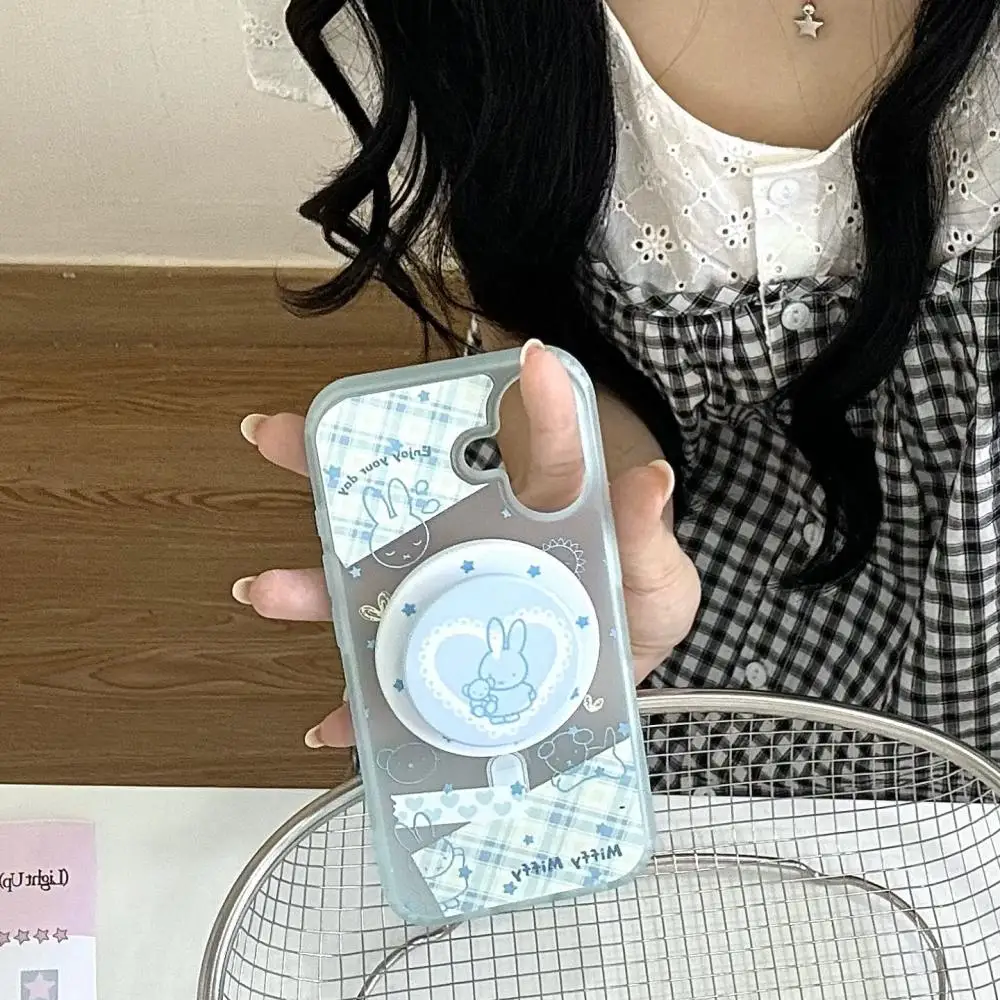 Miffy coelho caso de telefone kawaii azul xadrez miffy dos desenhos animados caso de telefone adequado para iphone 16 dos desenhos animados coelho urso titular