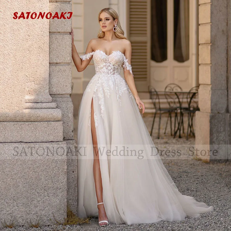 

Elegant Sexy Off the Shoulder Side Split Lace Wedding Dress for Women A-Line Sweep Train Backless Bridal Gowns Vestido De Novia