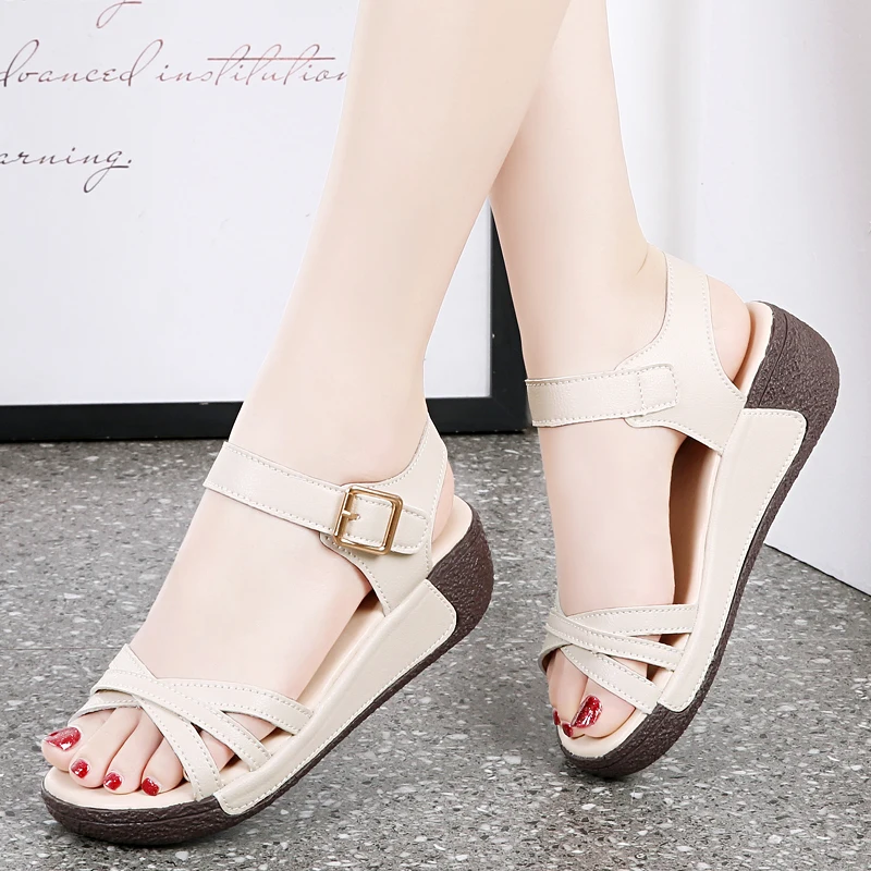 Summer Microfiber Wedge Womens Sandals 5.0CM Heel Height Buckle Strap Light Weight Sandals For Woman