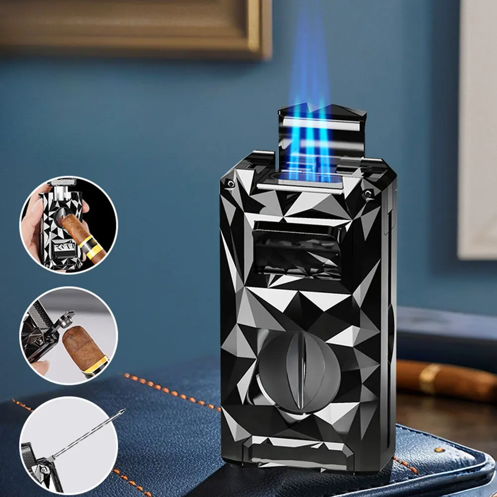 

5 in 1 Cigars Lighter 3 Jet-Flame Torch Lighter with Cigars V Cutter/Cigars Holder/Cigars Punch Refillable Butane Lighters