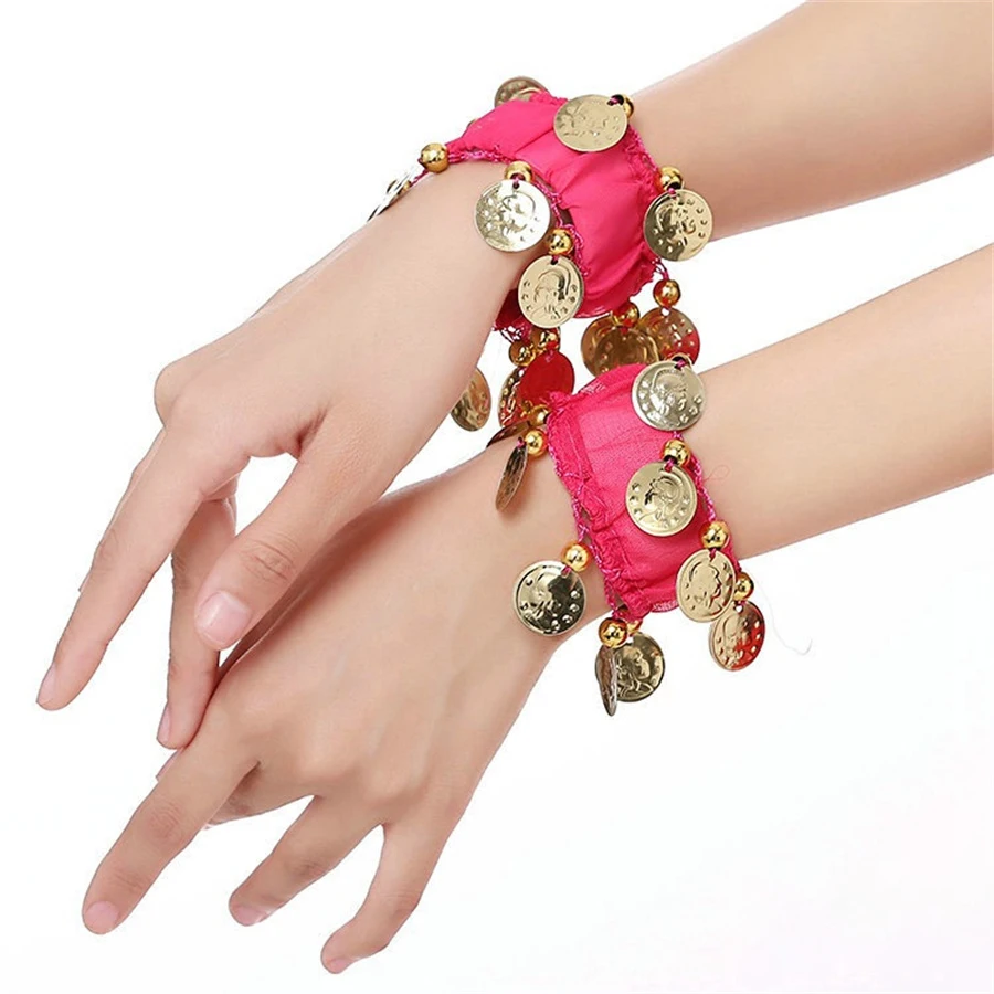 Bracciale di danza del ventre in chiffon da 1 paio/2 pezzi con polsino elastico per cavigliera da polso per danza del ventre con monete