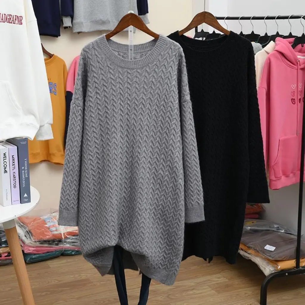 

plus Size Knitted Sweater 300kg Long Knee-Length Lazy Style Women's Loose Thickened Dress for Fall/Winter Hip Covering