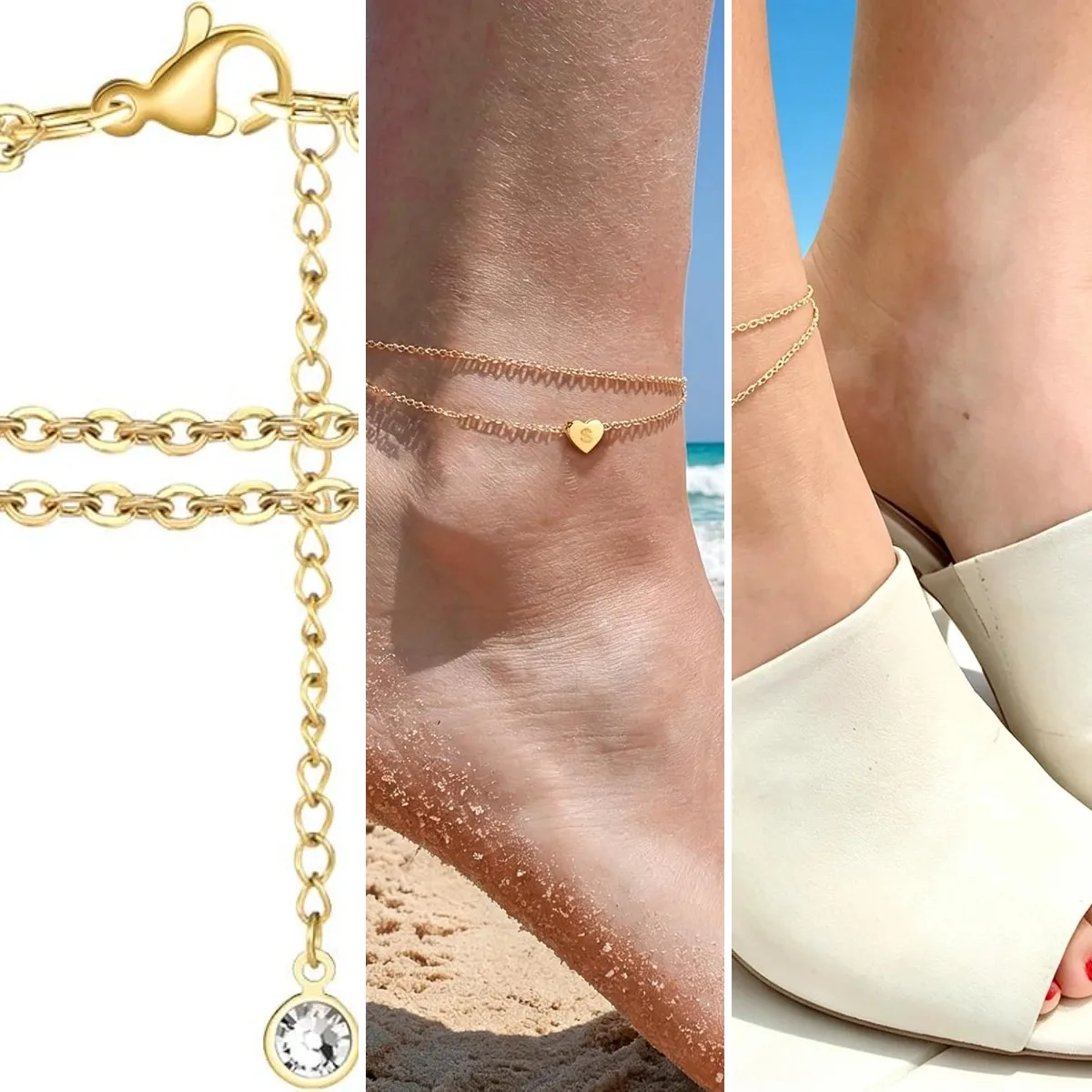 Heart Initial Ankle Bracelets for Women, 14K Gold Filled Handmade Dainty Layered Anklet Letter Initial Heart Ankle Bracelets for