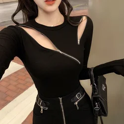 Korean Long Sleeve T-Shirts Female Fashion Zipper Hollow Out Bottoming Shirt Autumn New Slim Trend O-neck Top Tee Women Clothes