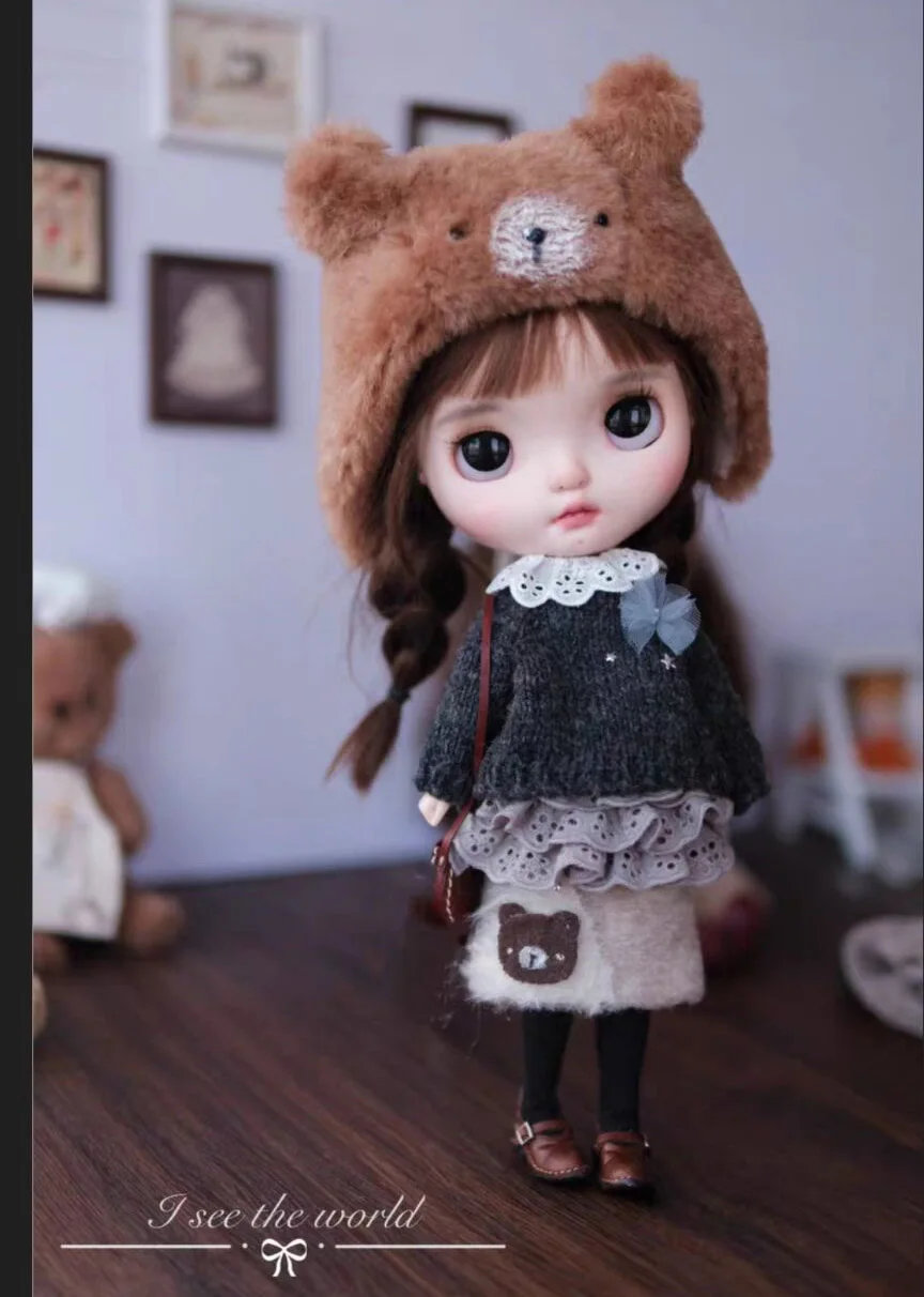 4pcs 2024 kawaii style Bear Blythe Sweate/ bear skirt/pantyhose/hat 1/6 30cm(Fit for Pullip,Ob22/24/26, Licca)