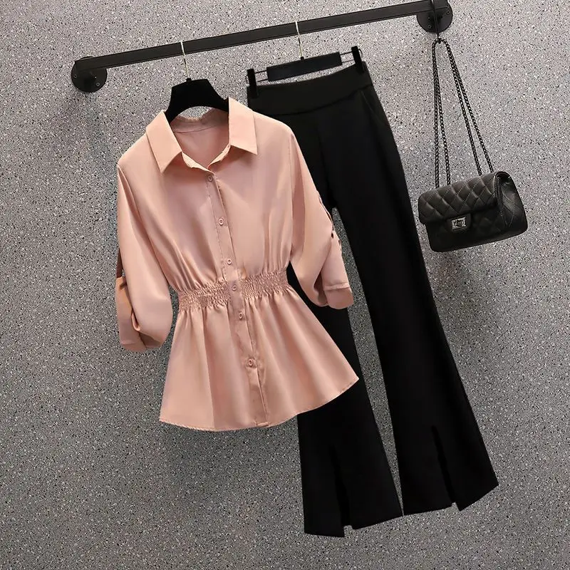 2023 Summer New Women's Suit Waist Sleeve Shirt Top Wide Leg Pants Matching Two Piece Set