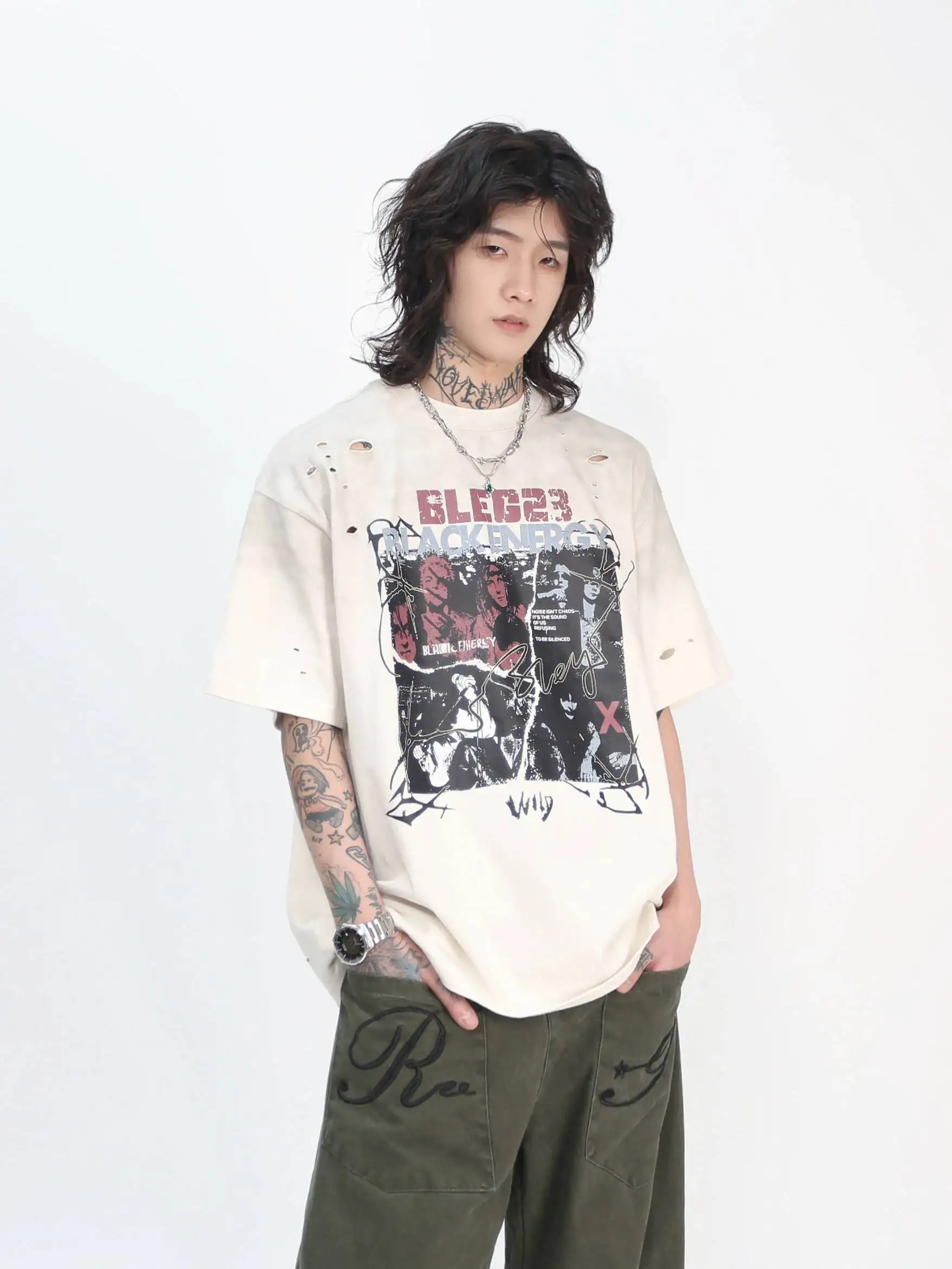 New Men Vintage American Rock Band Print Distressed Short Sleeve T Shirts Washed Spray Paint Design