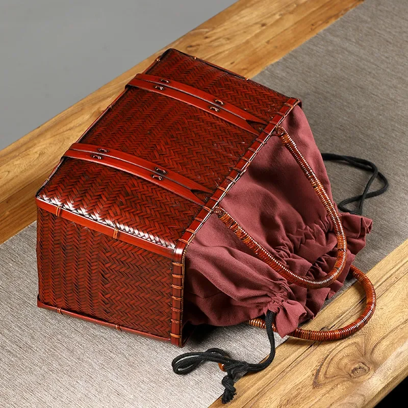 Handmade Bamboo Woven Bag Retro Style Portable Tea Set Storage Pouch Artistic Handbag for Women Vintage Natural Fiber Tote
