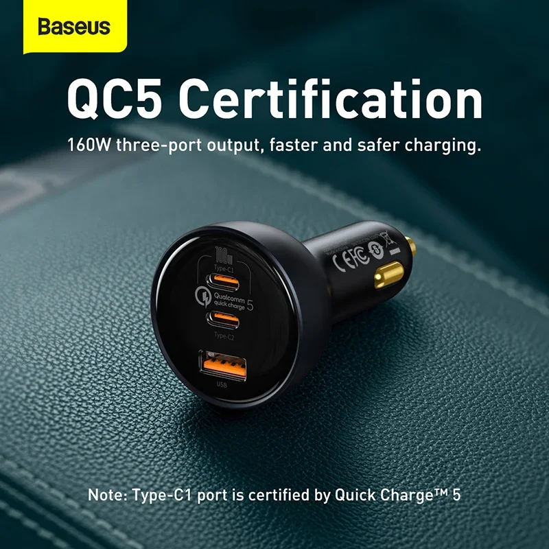 

Baseus Qualcomm® Quick Charge™ 5 Technology Multi-Port Fast Charge Car Charger C+C+U 160W