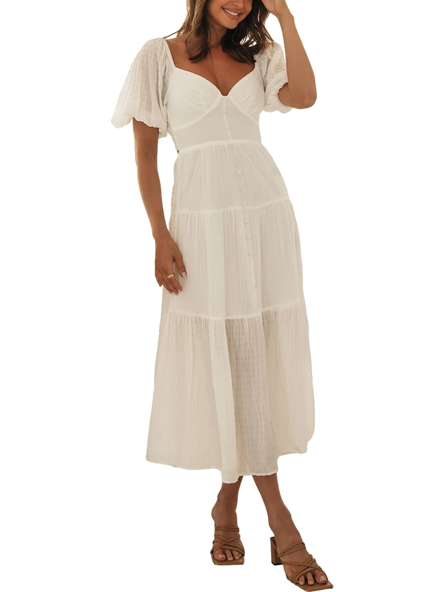 

Women s Midi A-Line Dress Short Puff Sleeve V Neck Tie Knot Back Long Flowy Dress Tiered Dress