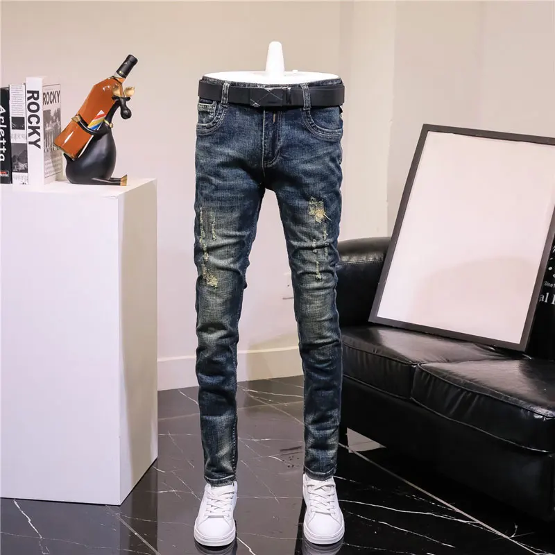 

Designer Fashion Men Jeans Retro Black Blue Stretch Slim Fit Ripped Jeans Men Y2K Embroidery Patched Vintage Denim Pants Hombre