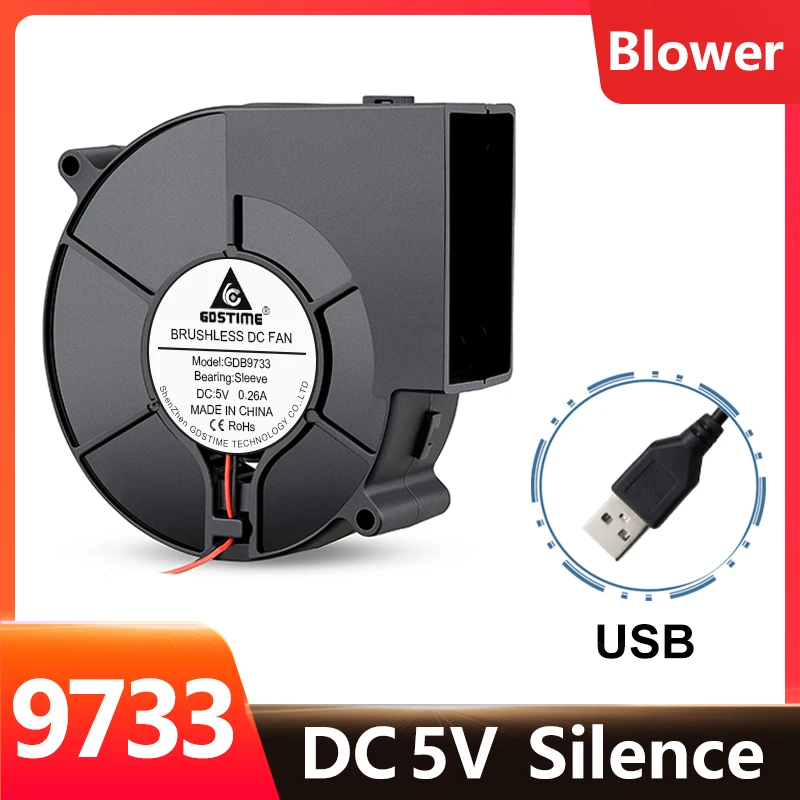 

Gdstime DC 5V 97x94x33mm 9733 Sleeve Bearing USB Blower Silent Cooling Fan For Outdoor BBQ Mobile Stove Centrifugal Turbo Blower