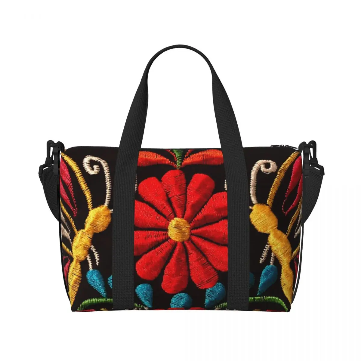 Custom Large Mexican Butterflies And A Red Flower Tote Bag for Women Colorful Shoulder Shopper Gym Beach Travel Bag