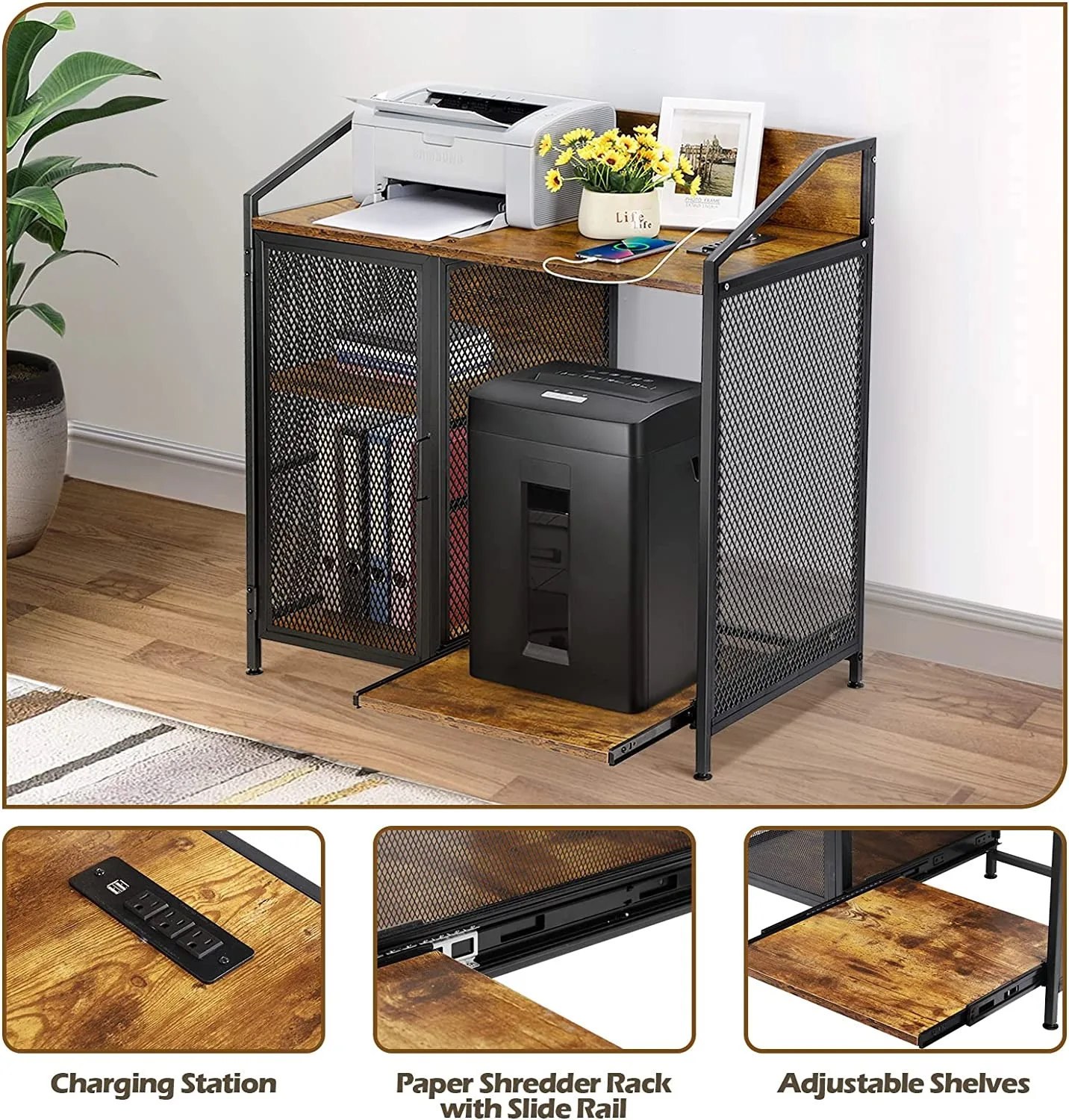 3 Tier Printer Stand Office Storage Lateral Filing Cabinet with Open Storage Shelves for Home Office