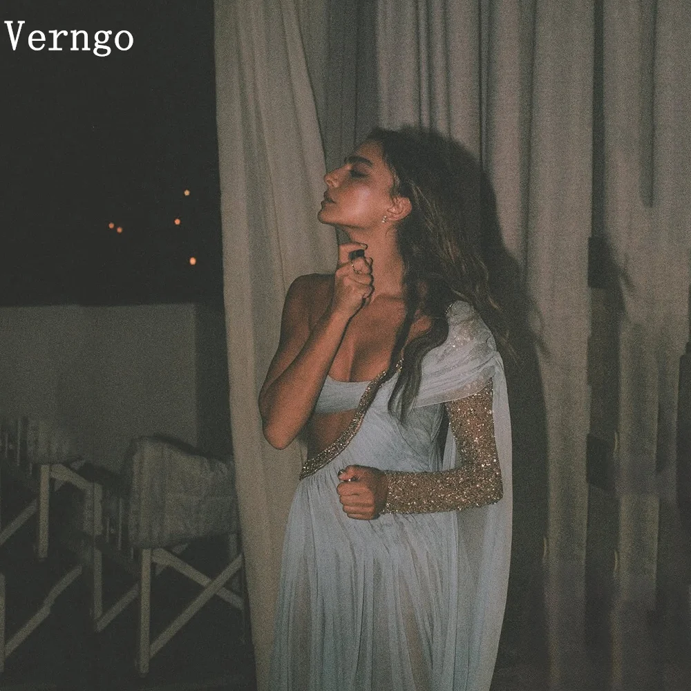 Verngo Light Blue Evening Dress One Shoulder A Line Pleated Sequined Sexy Prom Gowns Saudi Arabia Party Dress Customized