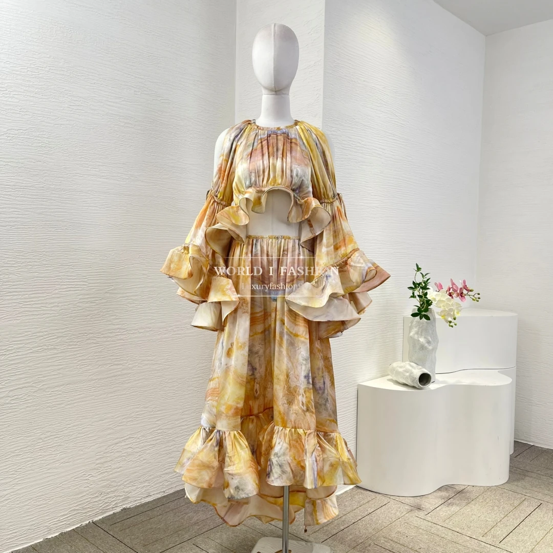 

2025 New High Quality Silk Yellow Long Sleeve Floral Print Irregular Ruffles Frilled Blouse Tops And Skirt Set for Holiday