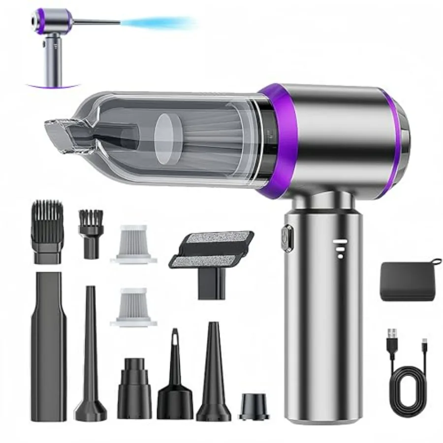 مكنسة كهربائية محمولة للسيارة بقوة 21000 باسكال قابلة لإعادة الشحن، مكنسة كهربائية صغيرة لاسلكية عالية الطاقة ومنفاخ 4 في 1 مع مكنسة تروس مع 3 تروس مع