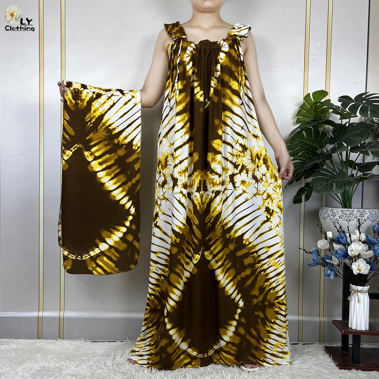 2023 New African Summer Vest Sleeveless Boat Neck Loose Dress Tie Dye Pure Cotton Boubou Maxi Dubai Islam Women Abaya Clothing