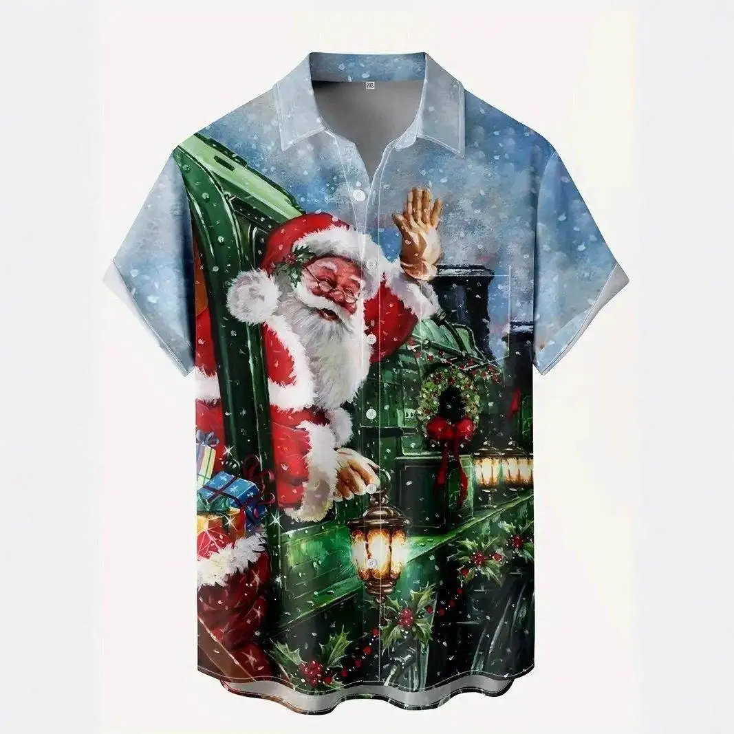 

Fashionable Short Sleeve Shirt 6 Buttons No Pocket Christmas Series 3D Print Loose Fit Polyester Summer Casual Sportswear