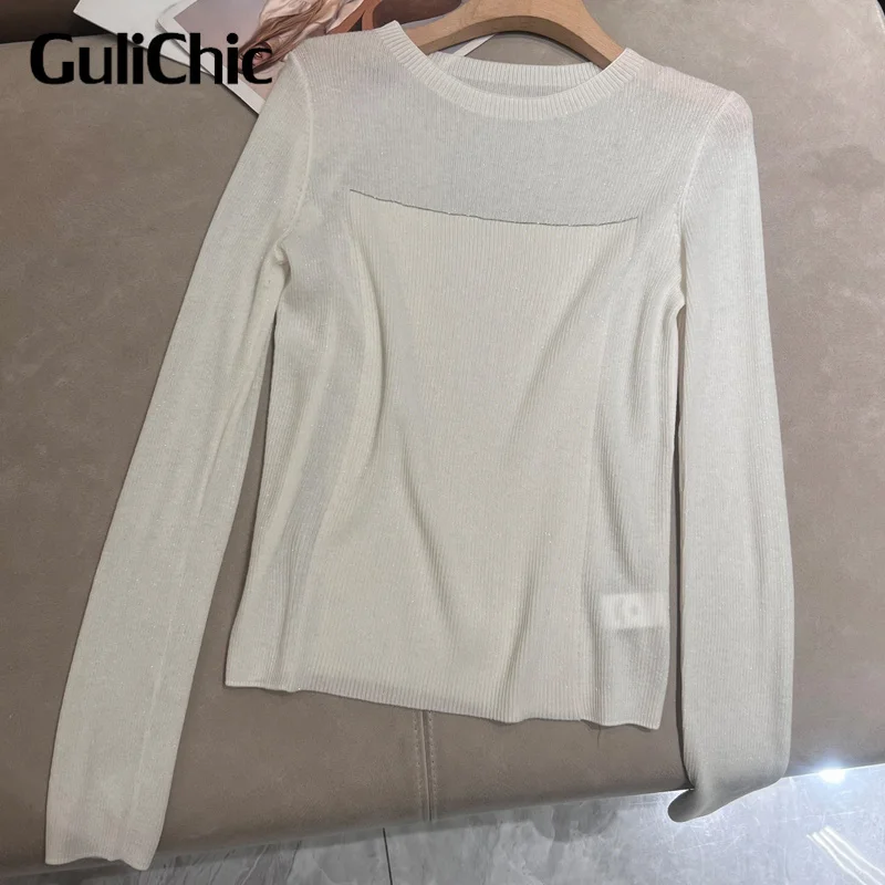 GuliChic-Pull Triblockchain à Perles Scintillantes pour Femme, Pullover Ultra-fin, Manches sulf, Base Décontractée, Tempérament Pit, JOY, 11.25