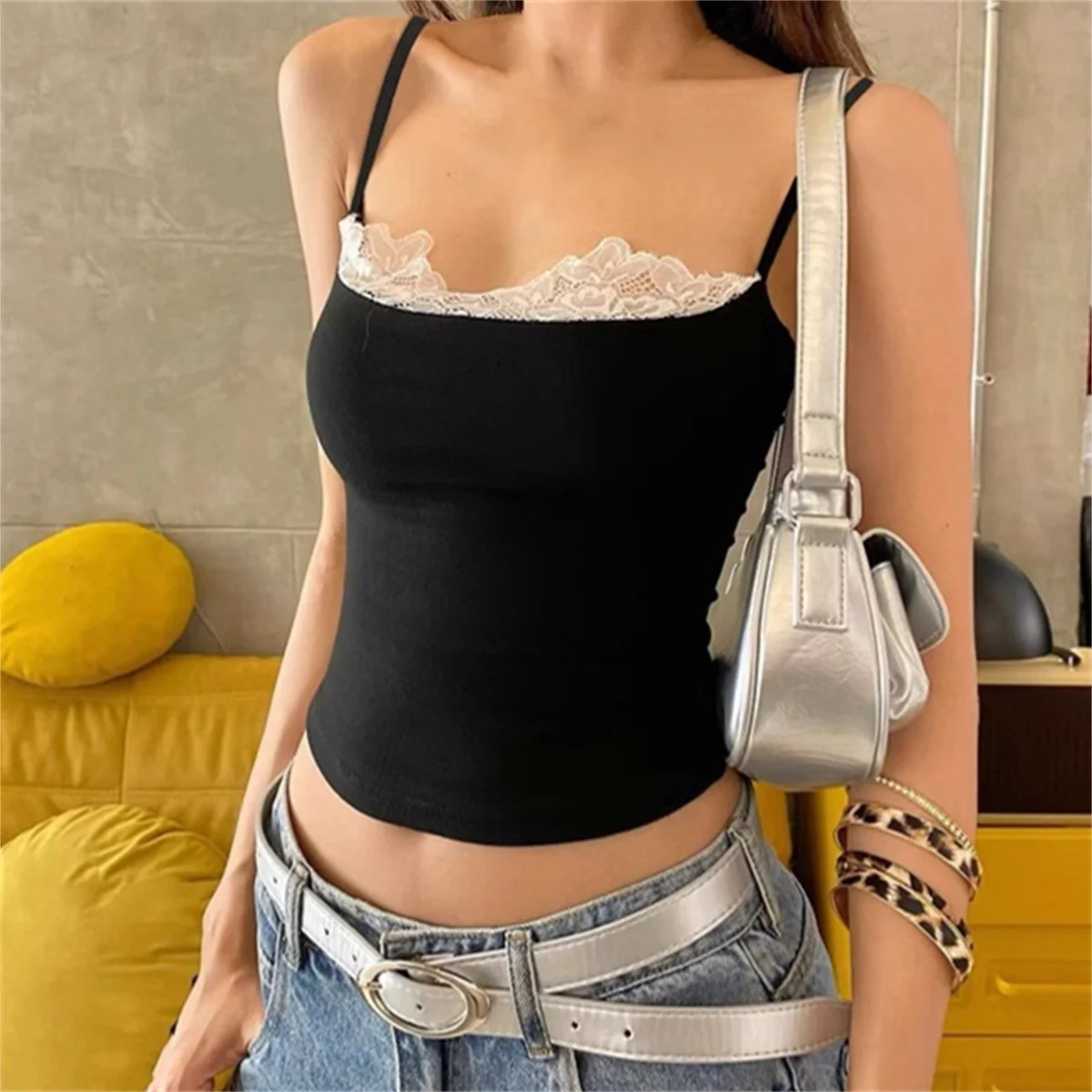 Fashion Women's Summer Lace Trim Cami Tops Sleeveless Back Crop Tanks Grunge Punk Y2K Clothes Ruched Skinny Backless Tee Shirt