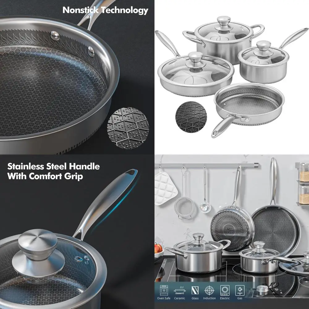 

Набор индукционной посуды из нержавеющей стали с крышками из закаленного стекла, кастрюлями и сковородками с антипригарным покрытием, подходит для всех варочных панелей, нетоксичных, D