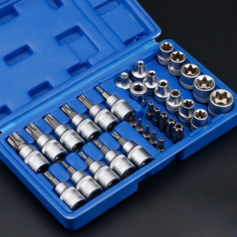 34Pcs Car Repair Tool Set E Type Socket E4-E20 Head T10-T60 Plum Blossom Star Socket Set Male/Female Bits Drive Handheld Tools