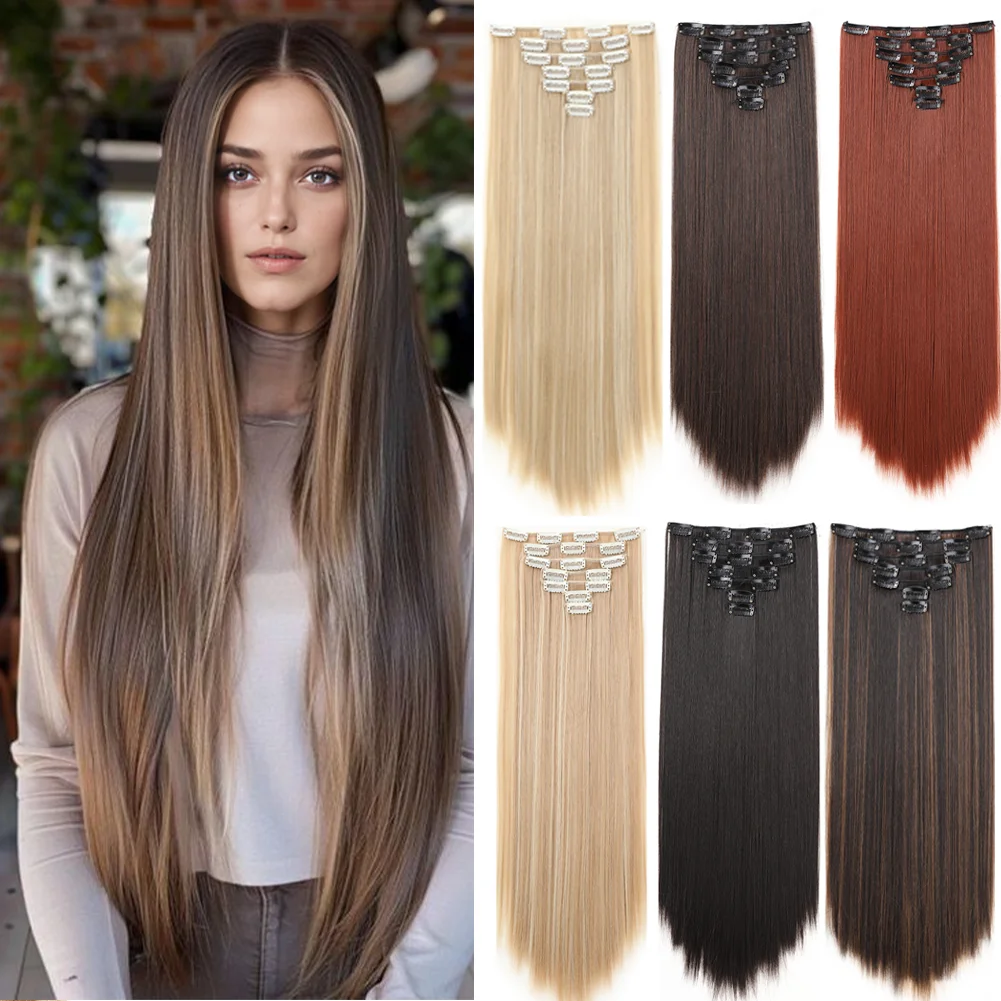 22Inch Long Straight Clip in Hair Extension  Hairstyle 16 Clips 7Pcs/Set   Synthetic  Black Brown Hairpieces  For Wom