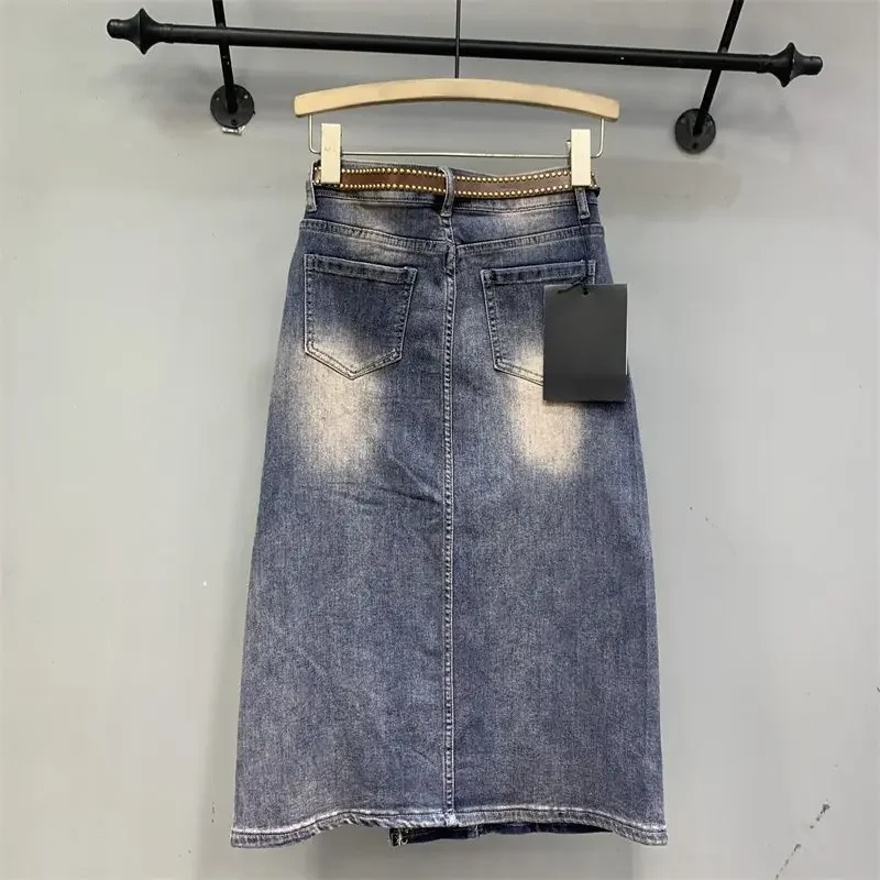 Spring Autumn Vintage High Waist Split Denim Skirt Women's Clothing 2025 Beaded Embroidery Midi A-Line Skirts For Female