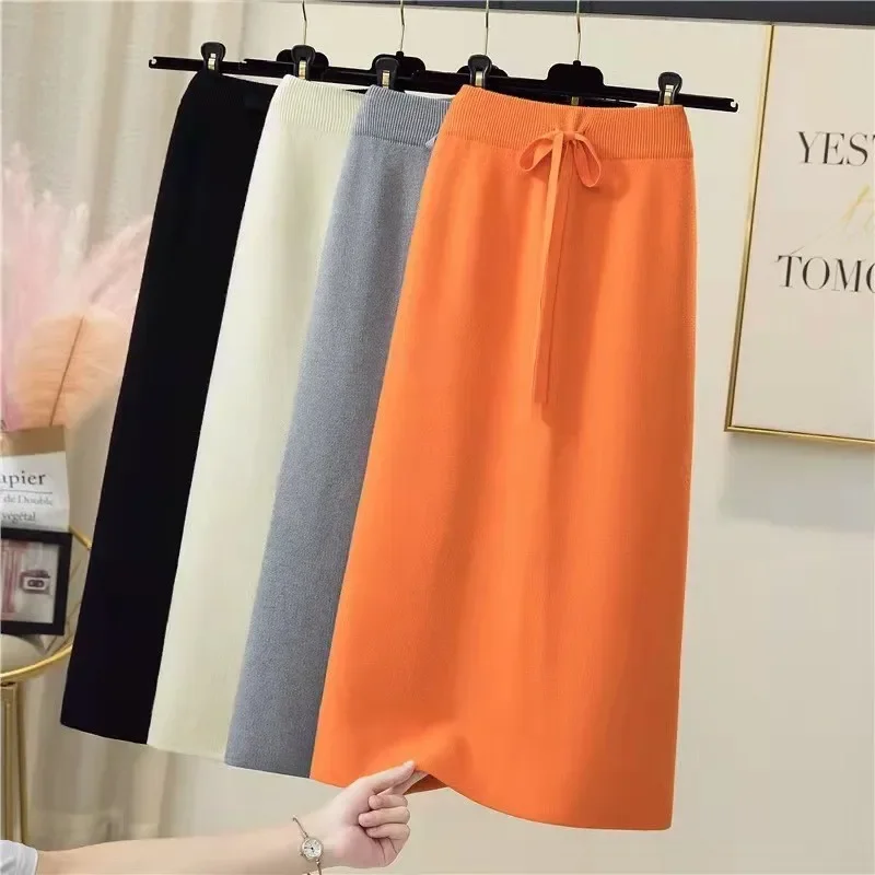 Solid color split knitted skirt women's Autumn new slim lace-up one-step skirt women high-waist midi long woolen wrap hip skirts