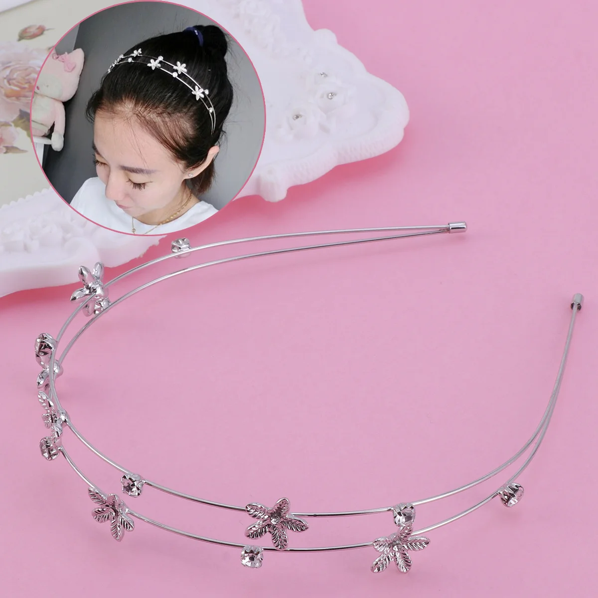 المرأة حجر الراين طبقة مزدوجة الفضة الزفاف هيرباند الزفاف الشعر حلقة عقال إكسسوارات الشعر خمس بتلات زهرة نمط