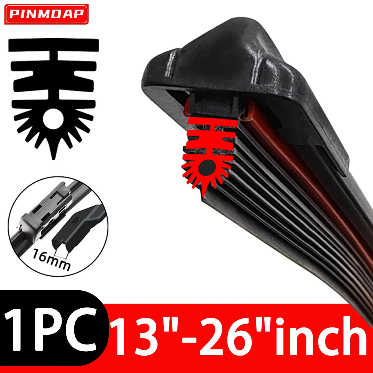 PINMOAP 11-lagiges Gummistreifen, geräuschloses Wischerblatt, 13 Zoll, 14 Zoll, 16 Zoll, 18 Zoll, 19 Zoll, 20 Zoll, 21 Zoll, 22 Zoll, 24 Zoll, 26 Zoll, geeignet für 16 mm Auto-Scheibenwischerblätter