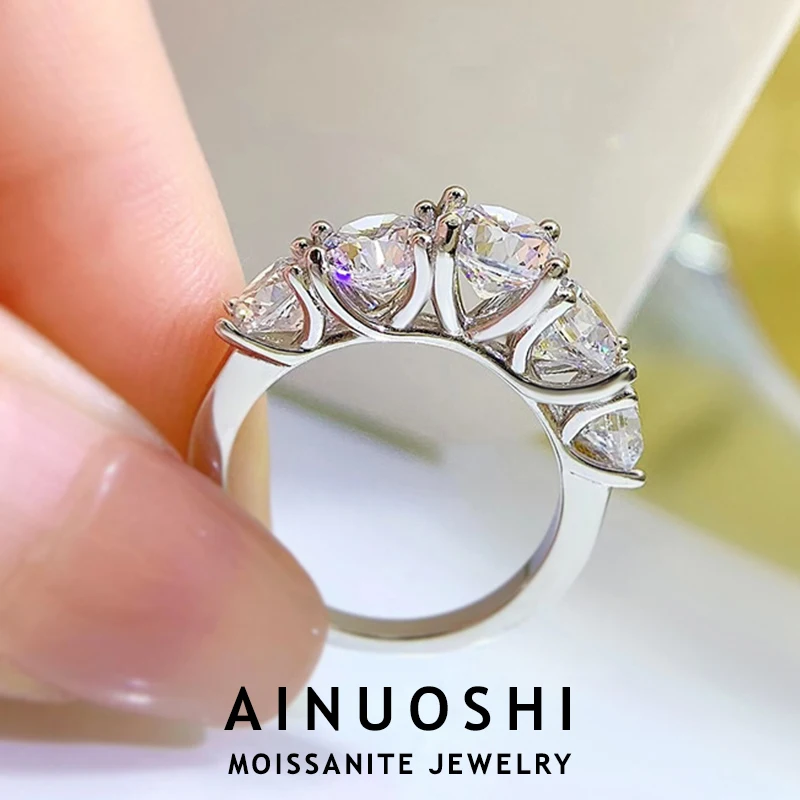 

AINUOSHI 5 Stones Full Moissanite Rings For Women S925 Sterling Silver Row Ring 18K Gold Plated Wedding Bands Jewelry Gift