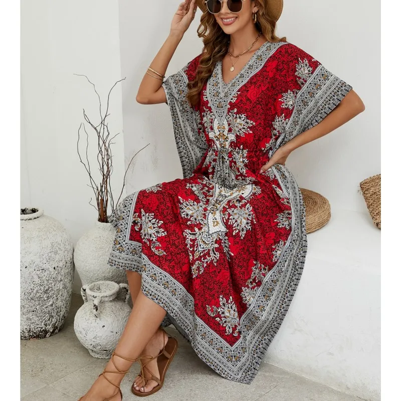 Bohemian V-neck Short Sleeve Beach Smock Dress Women 2024 Summer Loose Casual Sunscreen Print Boho Long Dresses For Women