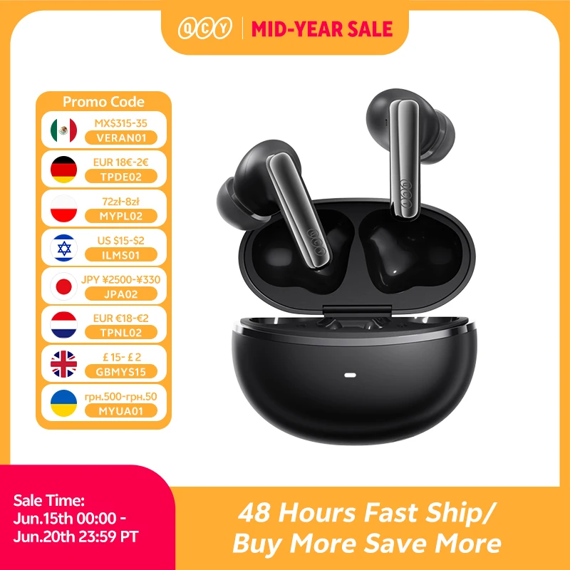 QCY MeloBuds N70 Adaptive ANC Wireless Earbuds Bluetooth 6.0 LDAC Hi-Res Audio 6 Mics Wireless Charging Earphones 50Hrs IPX5