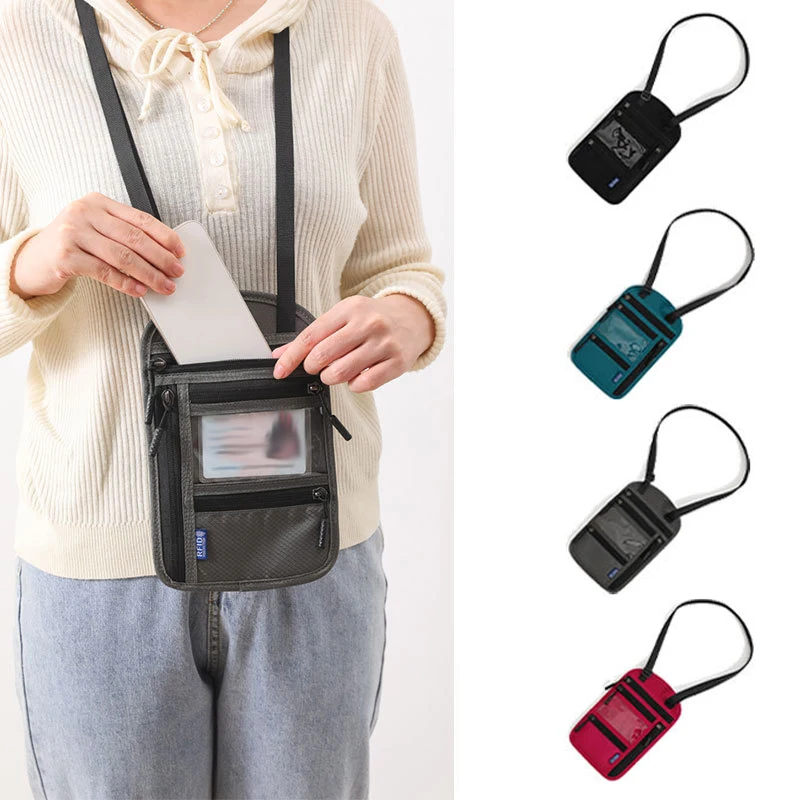 RFID Blocking Card Holder Nylon Anti-Theft Travel Document Card Passport Bag Neck Wallet Money Document Card Storage Bag Pouch