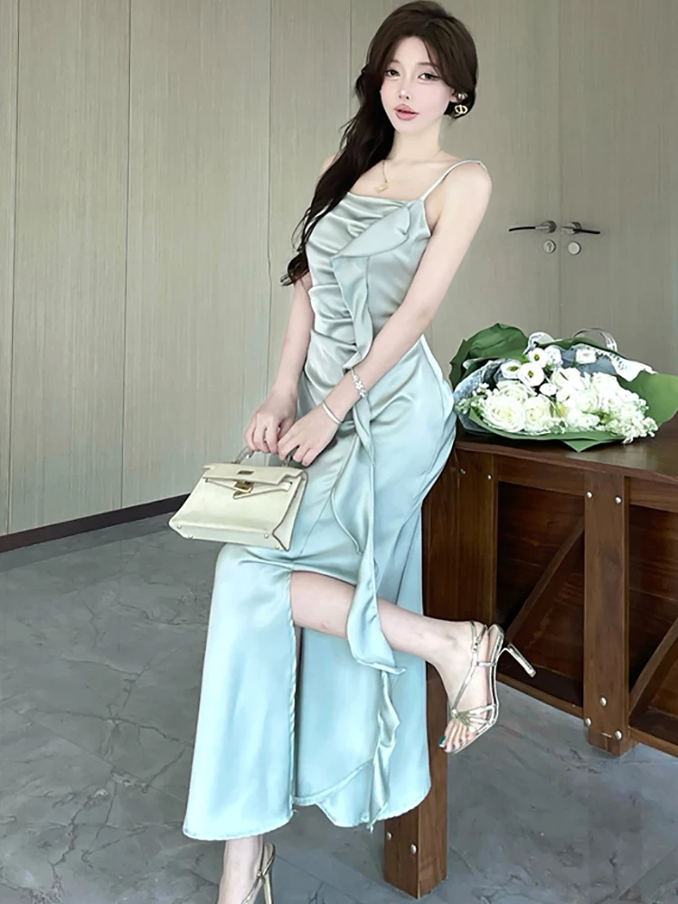 Frauen Solide Acetat Satin Chic Rüschen Langes Kleid Sommer Elegante Schlinge Sexy Abendkleid 2025, Koreanische Vintage Bodycon Prom Kleid