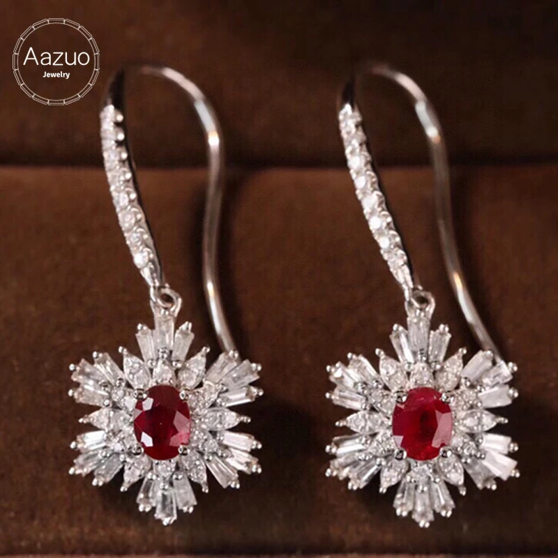 Aazuo 100% 18K Solid White Gold Natural Ruby Real Diamonds Luxury Flower Hook Earrings Gifted For Women Engagement Wedding Party