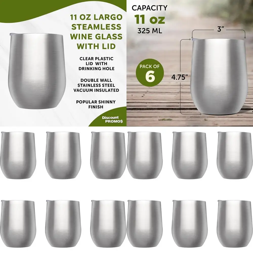 

11 oz Stemless Tumblers with Lids, Set of 6 - Ideal for Wine, Cocktails, Hot & Cold Beverages, Silver