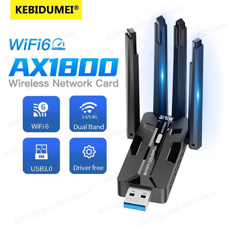 

1800Mbps WiFi 6 USB Adapter 5G/2.4GHz USB3.0 Wi-fi Dongle Wireless 802.11ax Network Card High Gain Antenna For PC Windows 10 11