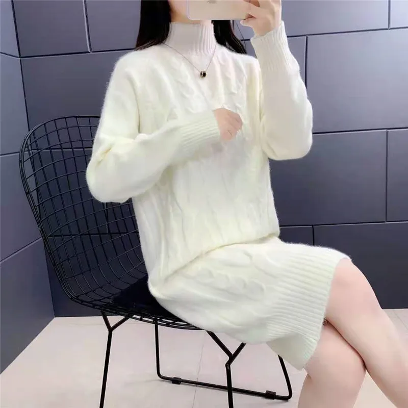 

Thicke Korean Length Sweater Women Knitt Dress 2025 New Autumn Winter Half-Turtleneck Bottom Shirt Female Loose Warm Sweater