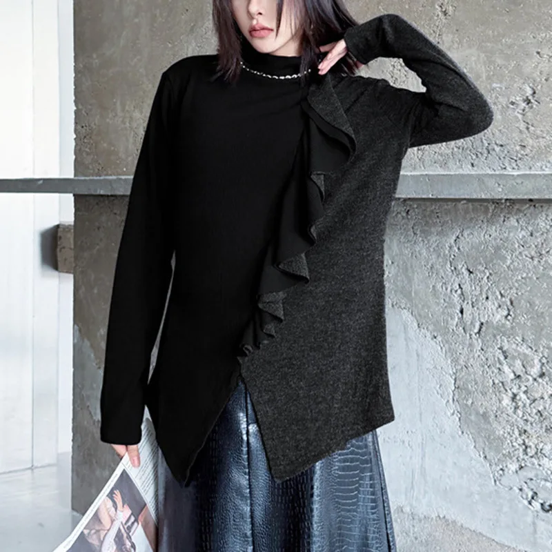 HKSH Spring Autumn New Women's Tops Ruffled Knitted Patchwork Color-Block Split Long Sleeves Versatiel Trend Chic Casual HK14426