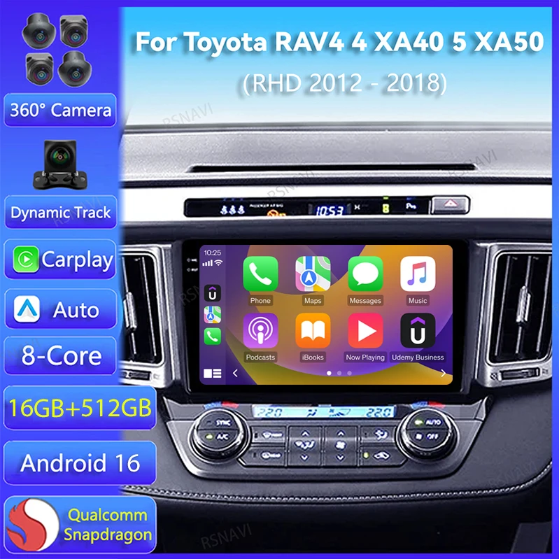 Android 16 Carplay Auto For Toyota RAV4 4 XA40 5 XA50 2012 - 2018 Right hand driver Car Radio Navigation Player Video DSP Stereo