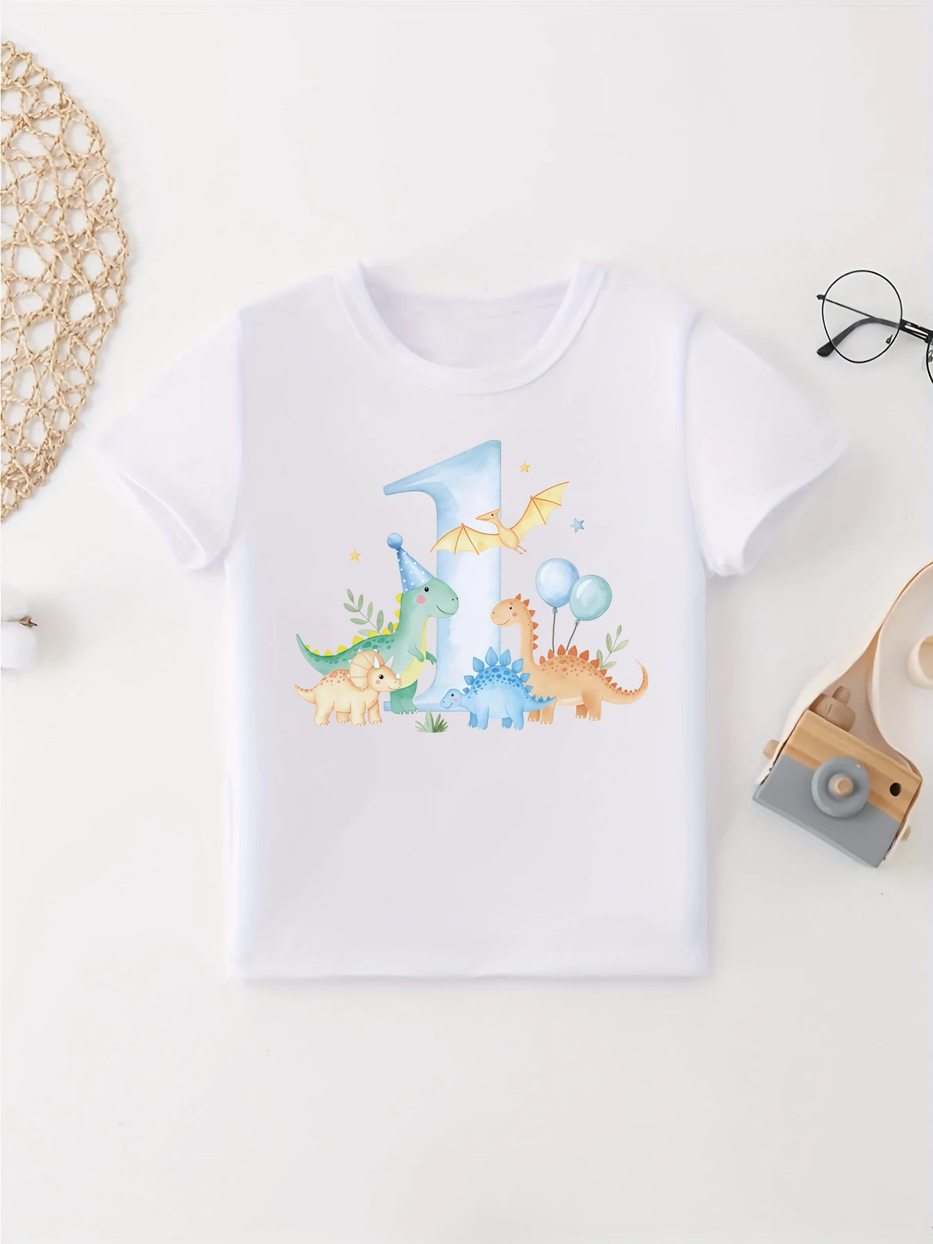 1st Birthday Dinosaur Balloon Printed T Shirt Girls/Boys Kawaii Kids Clothes Summer Short Sleeve T-Shirt