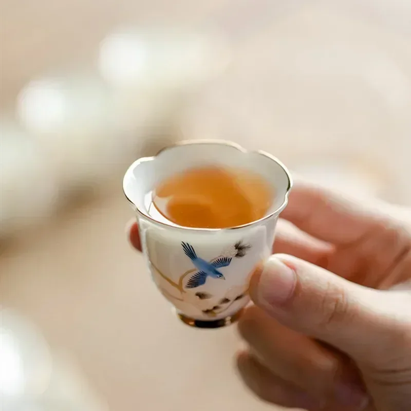 1 Pc Chinese Ceramic Teacup Master Handmade Suede Jade White Porcelain Tea Bowl Hand-Painted Bird Tea Cup Household Tea Set